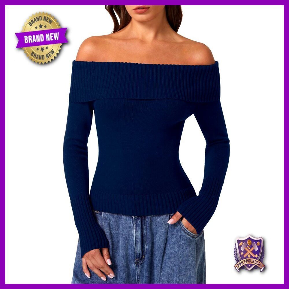 Off Shoulder Ribbed Cotton Pullover Sweater Slim Fit Long Sleeve Top